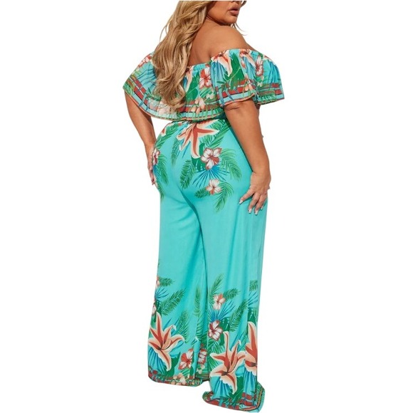 Fashion Nova Pants - Fashion Nova Women's Turquoise Just A Tropical Night Flowy Pants Size 2X